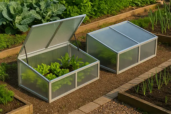 Mistbed greenhouses in a vegetable garden
