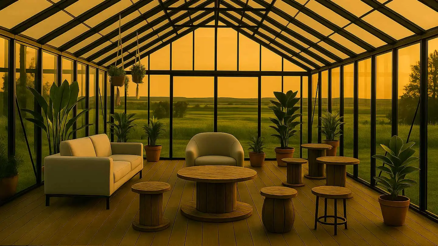 Geräumiges Gewächshaus aus Glas mit schwarzem Metallrahmen, eingerichtet als Orangerie mit modernen Sitzmöbeln, runden Holztischen und Topfpflanzen, vor einer malerischen ländlichen Kulisse bei Sonnenuntergang.