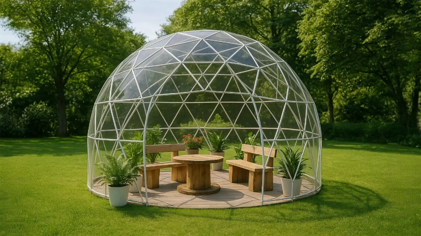Geodätisches Kuppelgewächshaus mit transparenter Struktur, auf einer grünen Rasenfläche platziert und mit rustikalen Holzbänken und einem runden Tisch möbliert, umgeben von Topfpflanzen in einer üppigen Gartenoase.
