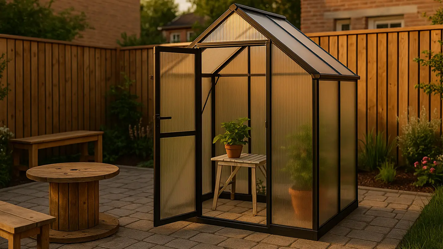 Kleines begehbares Gewächshaus aus schwarzem Aluminium in einem städtischen Garten