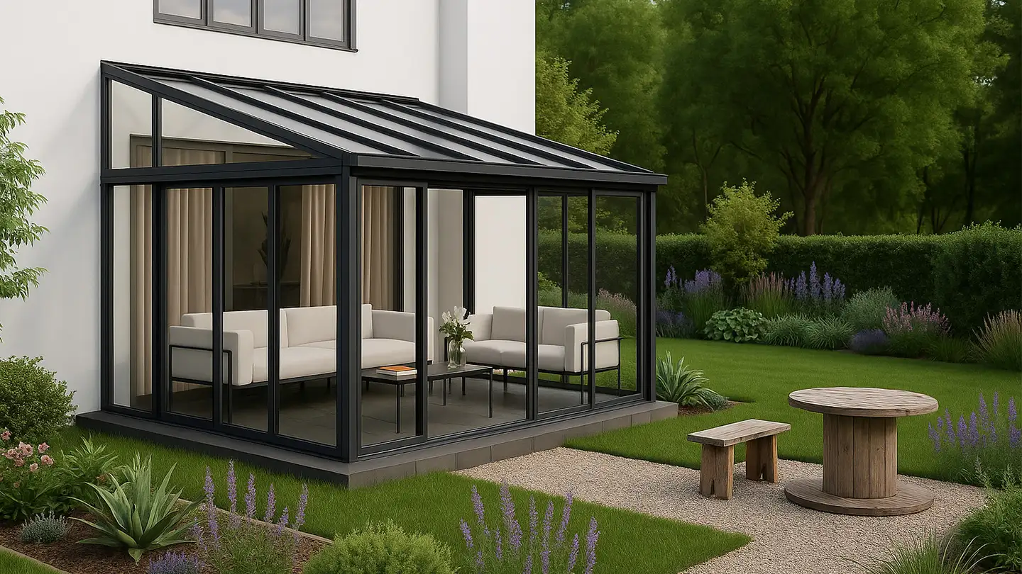 Moderner Wintergarten aus Glas, angebaut an ein weißes Haus, umgeben von einem üppigen Garten mit blühenden Pflanzen, Kieswegen und rustikalen Holzmöbeln in ruhiger Hinterhofatmosphäre