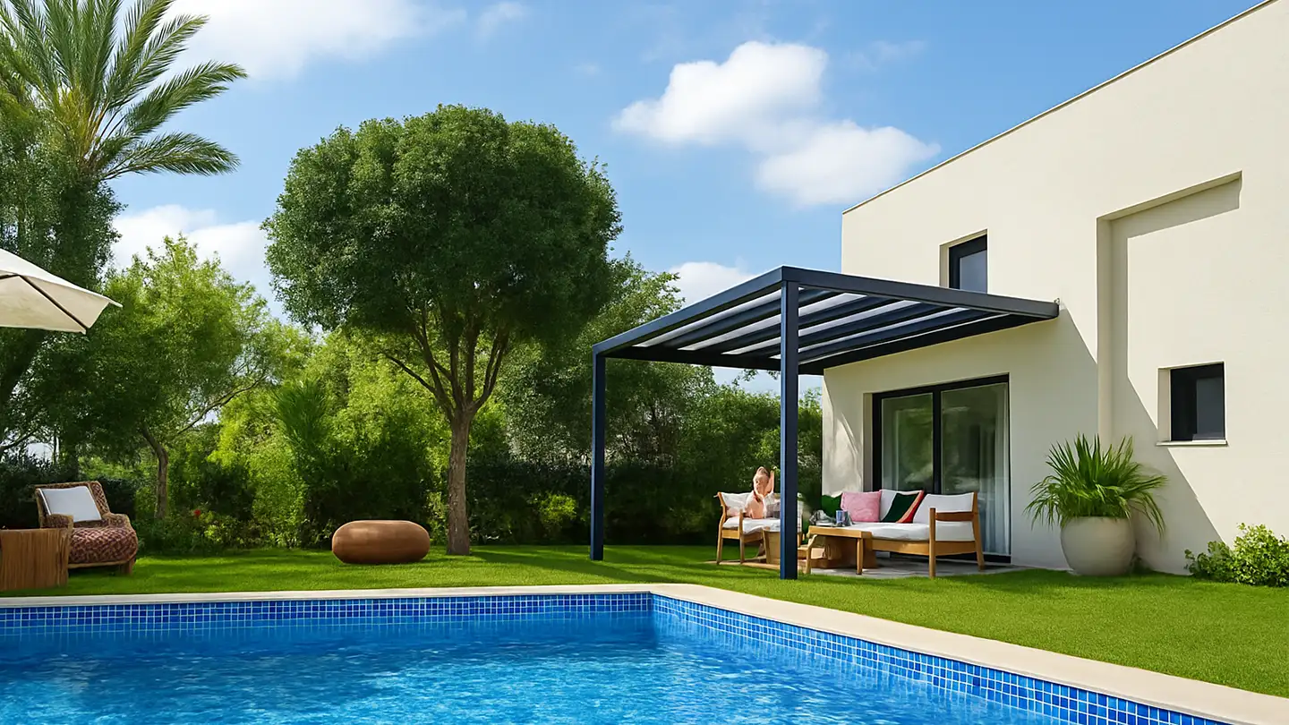 Moderne Terrassenüberdachung an einem weißen Haus mit Blick auf einen üppigen Garten und Pool. Unter dem Dach steht eine gemütliche Sitzecke, während eine Frau die Sonne genießt.