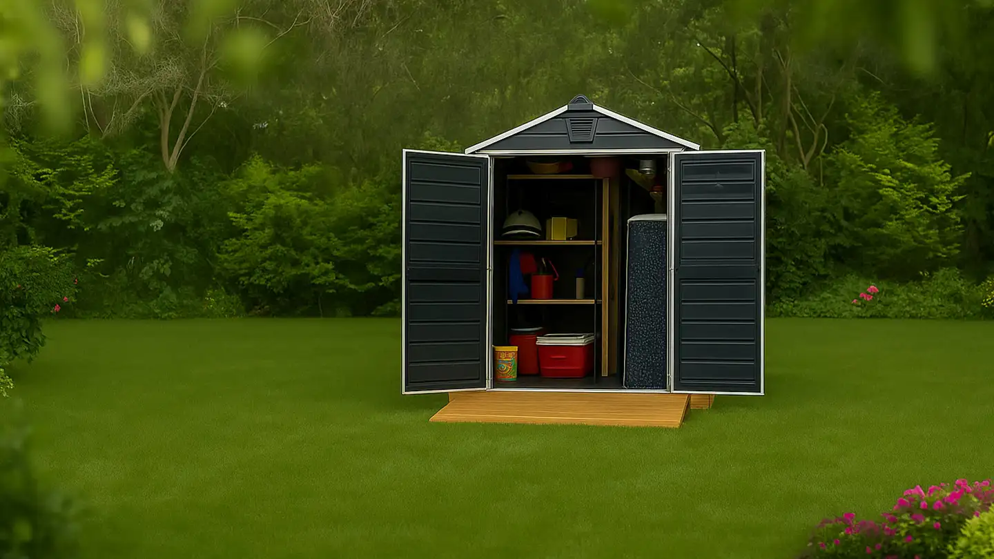 Dunkelgrauer Geräteschuppen mit geöffneten Doppeltüren, die einen organisierten Innenraum mit Werkzeugen und Gartenzubehör zeigen, auf einer Holzplattform in einem gepflegten Garten mit üppigem Grün und blühenden Pflanzen.