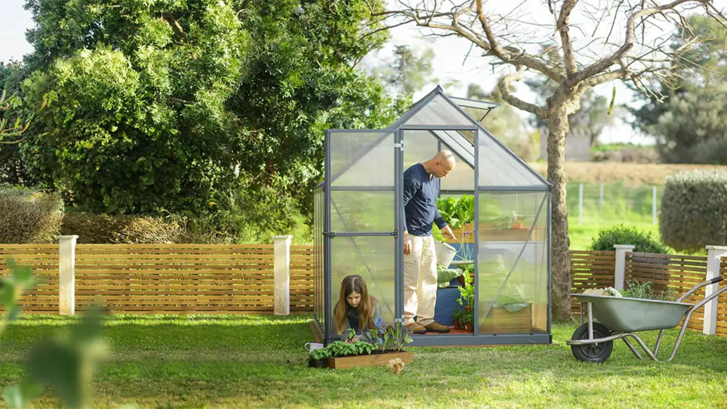 Canopia-Gewächshaus im Garten mit einem Vater und einer Tochter beim Pflanzen